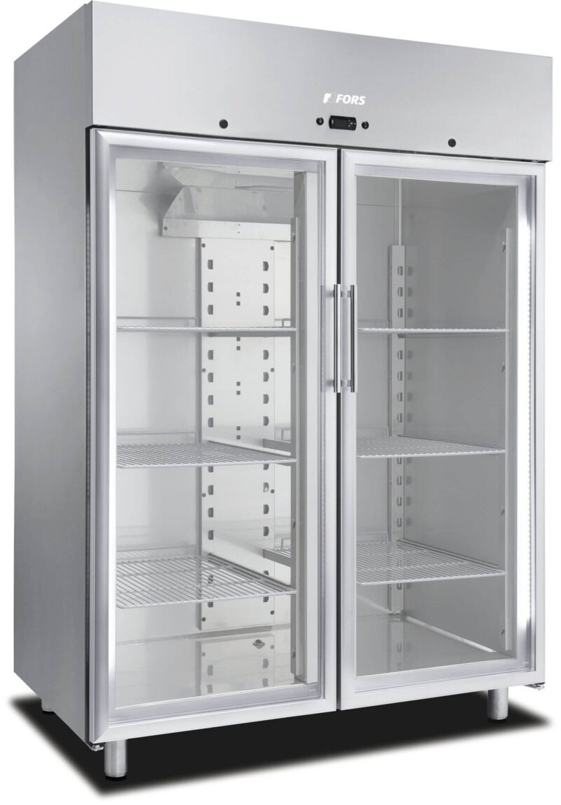 FORS Gastronomie-Kühlschrank, doppelte Glastür, Edelstahl, GN 2/1 (DGCV1401GESSL)